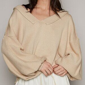 SALE - Wide v-neck balloon sleeve oversize hacci sweater